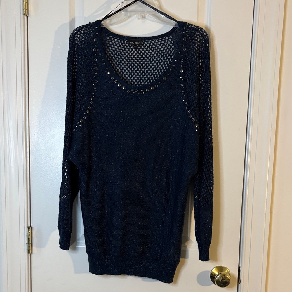 Navy Sweater with Mesh Sleeves - Picture 3 of 8